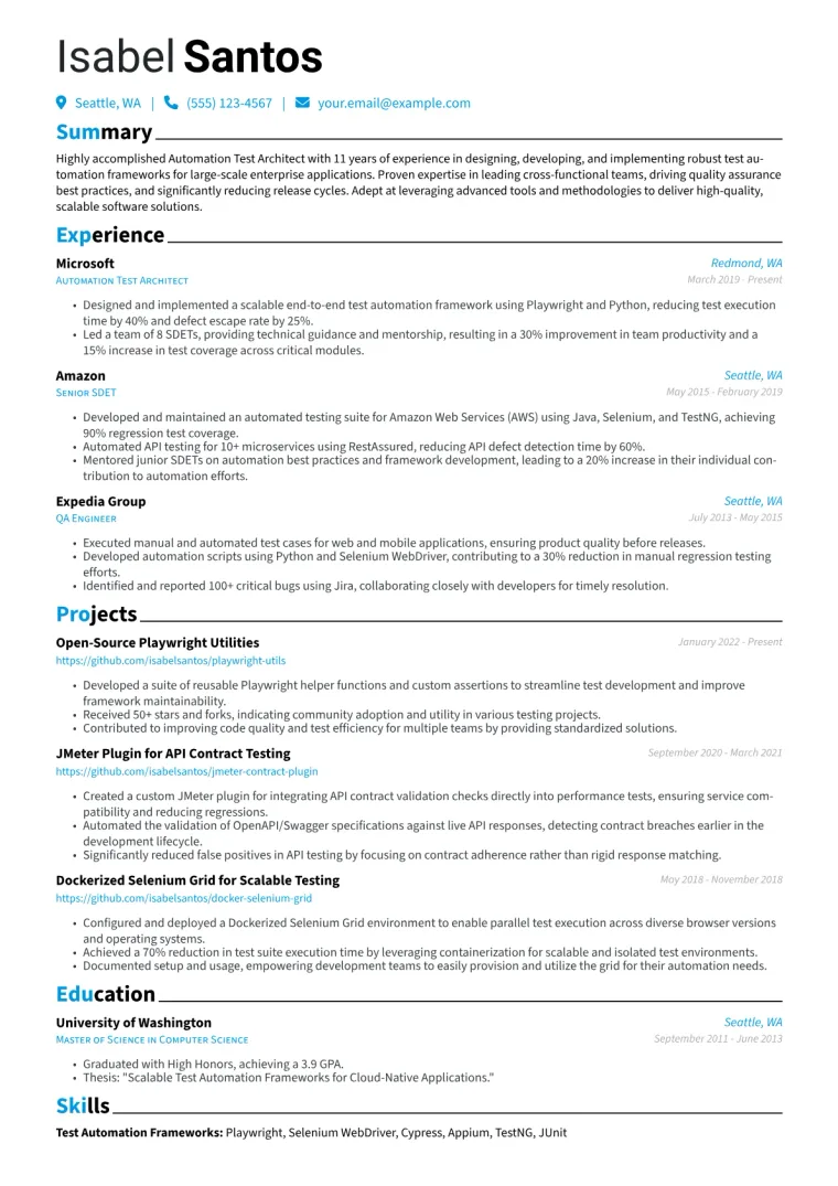 Automation Test Architect Resume Example CV template preview