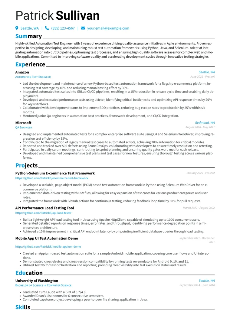 Automation Test Engineer Resume Example CV template preview
