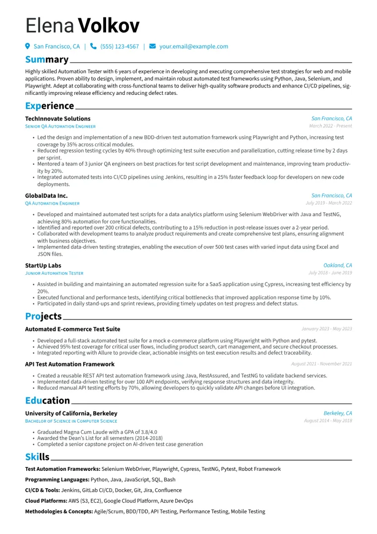 Automation Tester Resume Example CV template preview