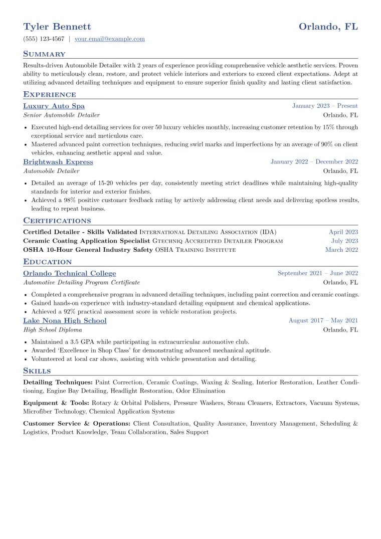 Automobile Detailer Resume Example CV template preview