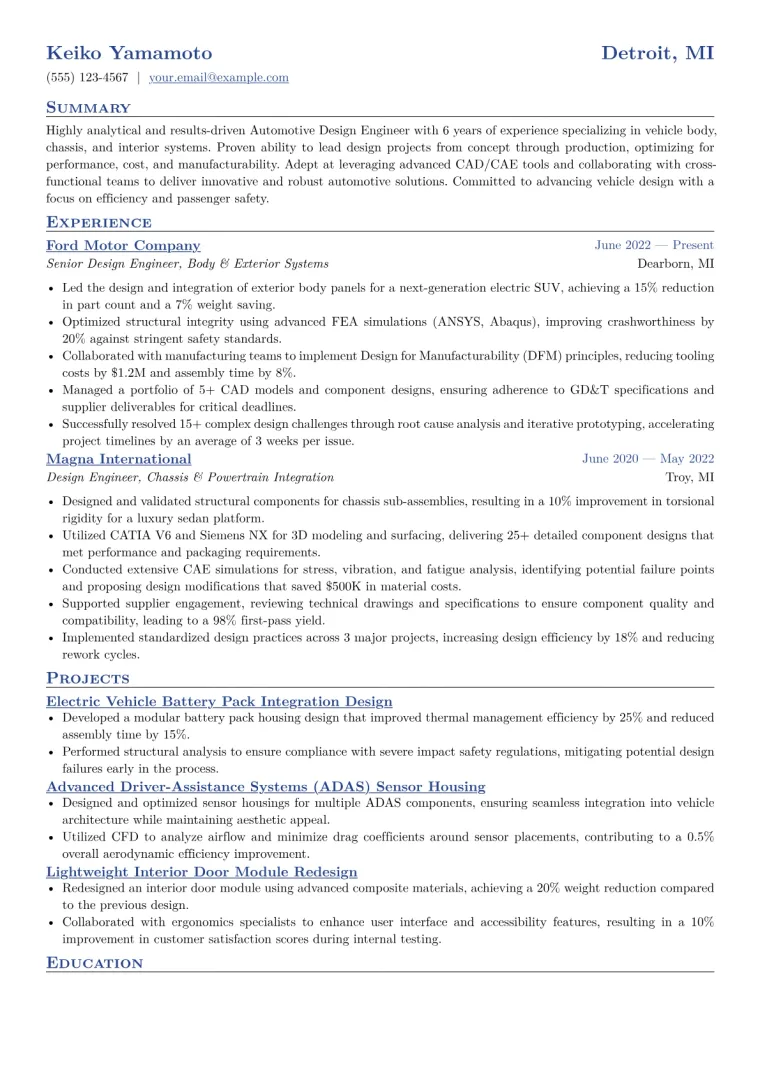 Automotive Design Engineer Resume Example CV template preview
