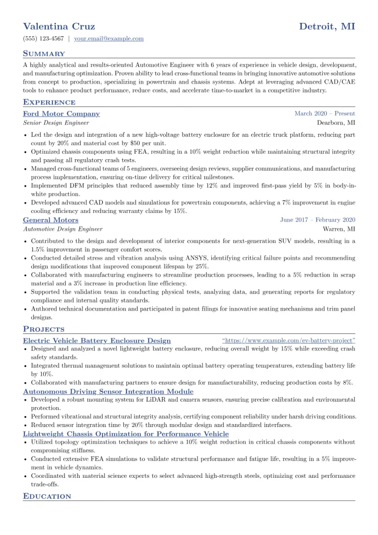 Automotive Engineer Resume Example CV template preview