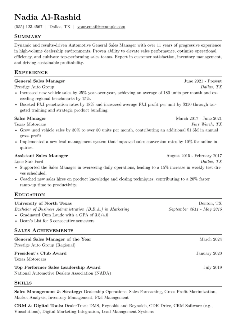 Automotive General Sales Manager Resume Example CV template preview
