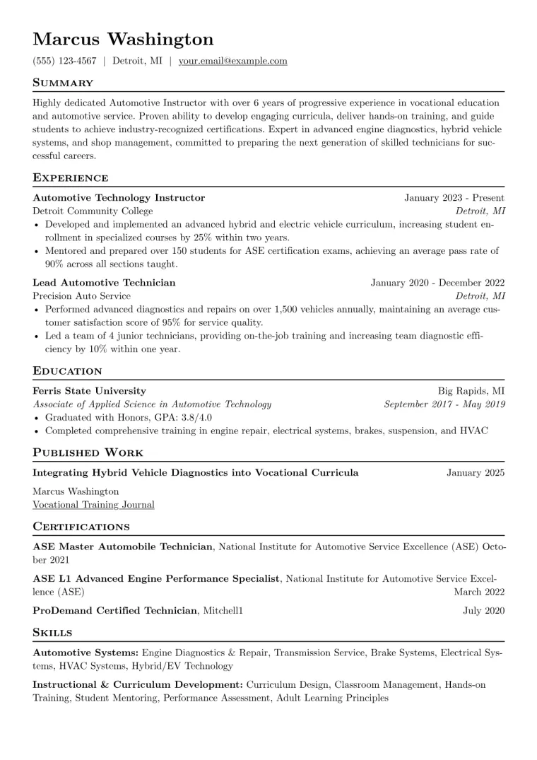 Automotive Instructor Resume Example preview
