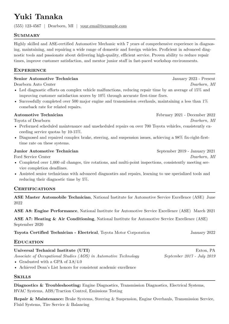 Automotive Mechanic Resume Example CV template preview