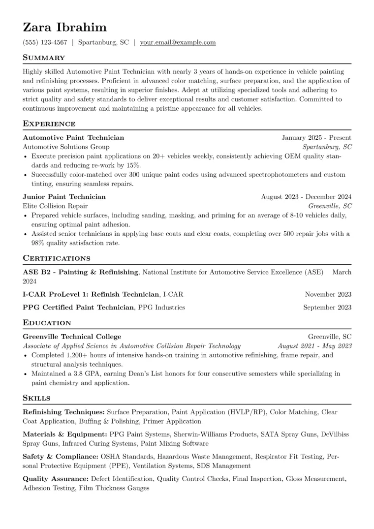 Automotive Paint Technician Resume Example preview