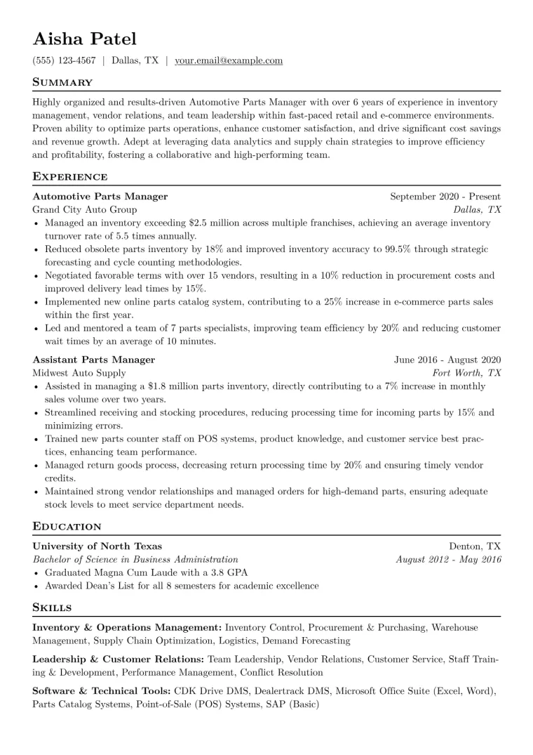 Automotive Parts Manager Resume Example CV template preview