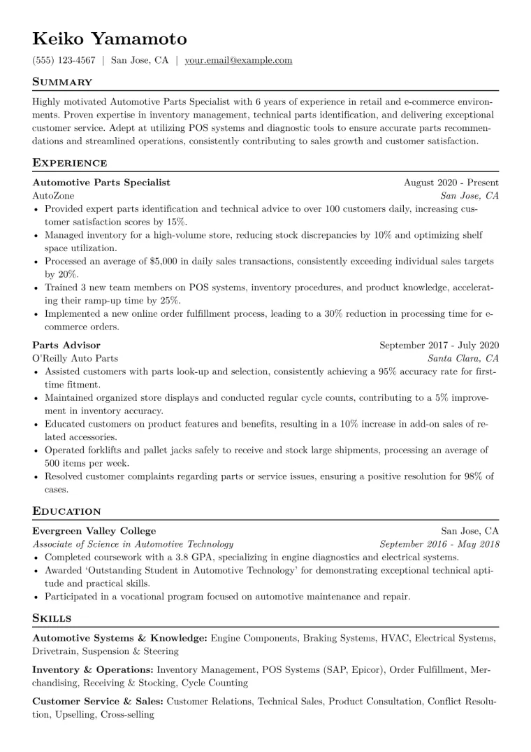 Automotive Parts Specialist Resume Example CV template preview