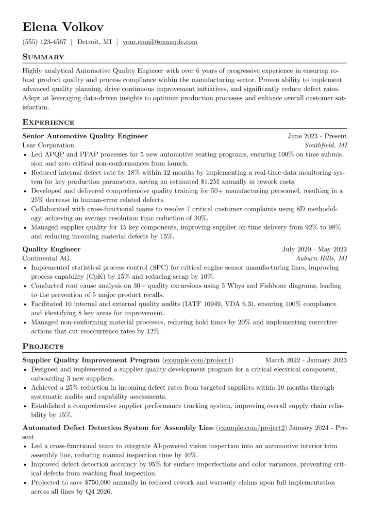 Automotive Quality Engineer Resume Example CV template preview