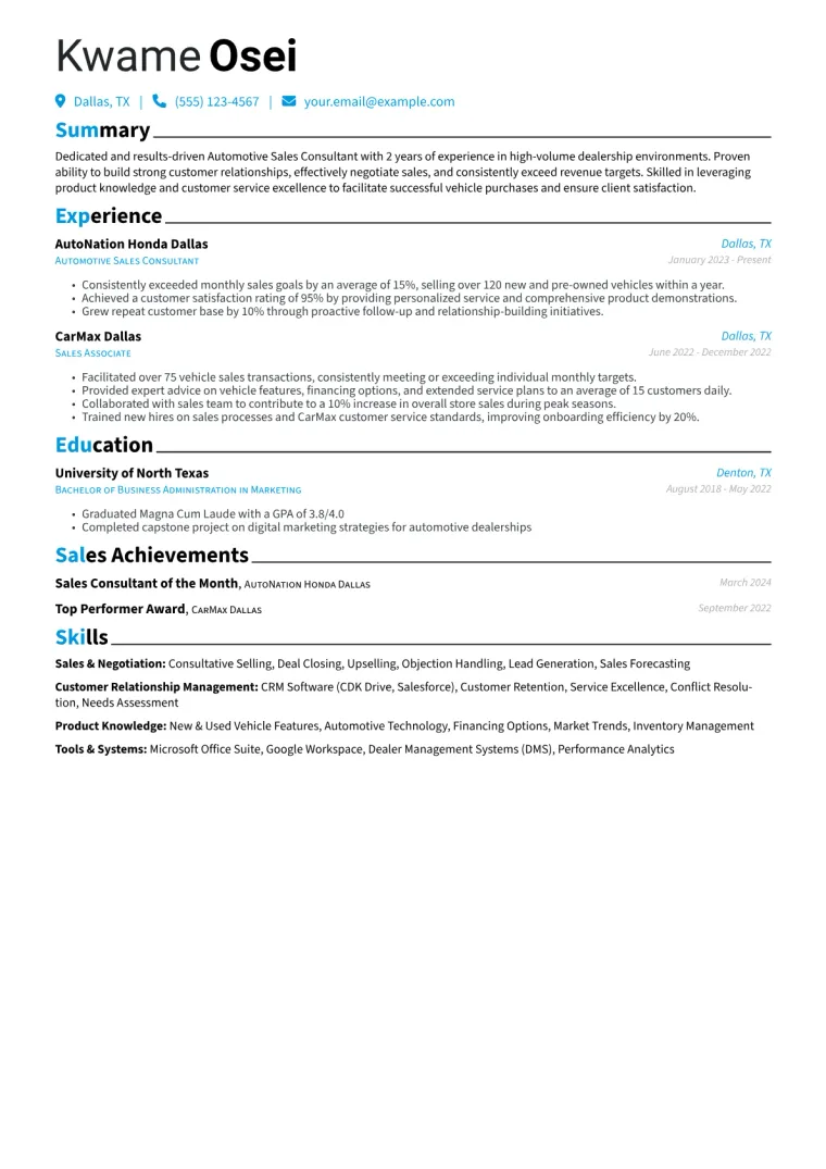 Automotive Sales Consultant Resume Example CV template preview