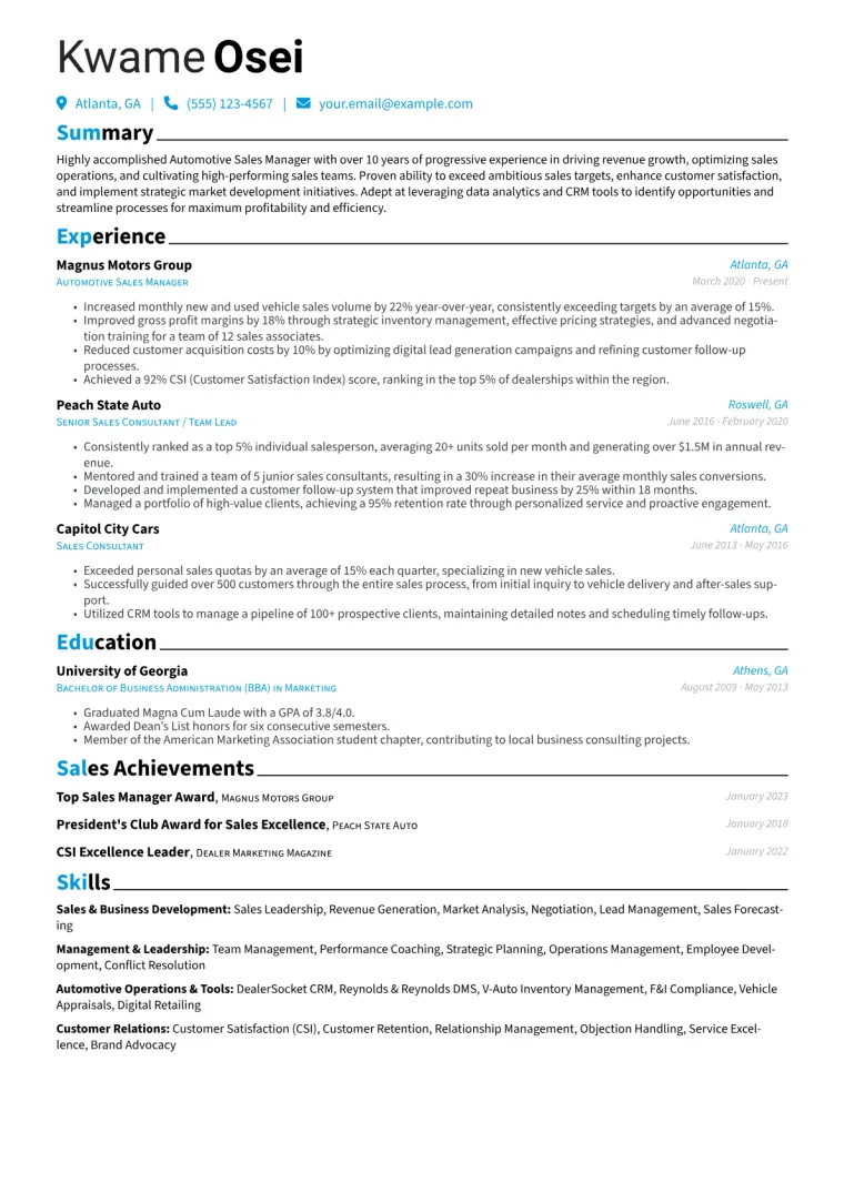Automotive Sales Manager Resume Example CV template preview