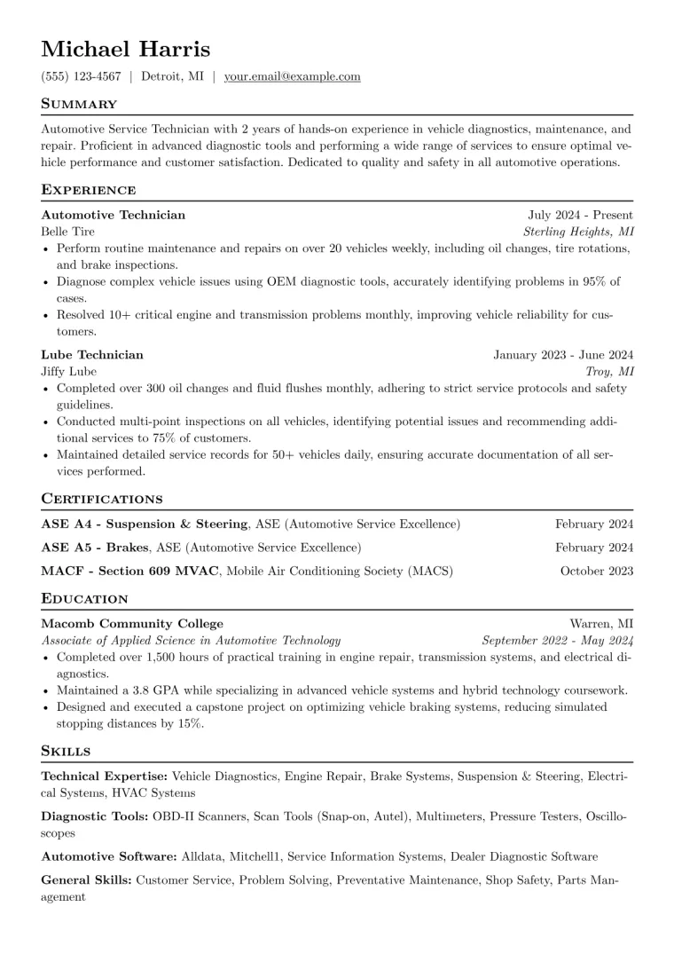 Automotive Service Technician Resume Example CV template preview