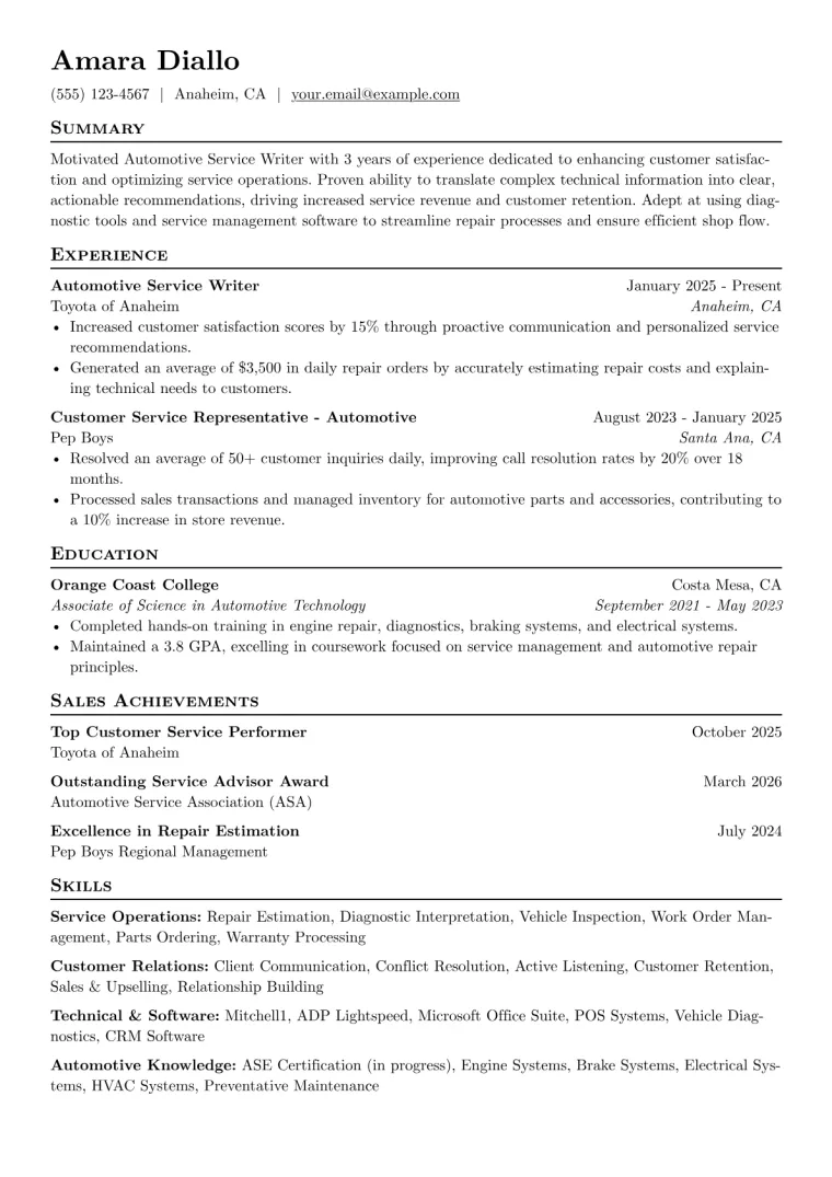 Automotive Service Writer Resume Example preview
