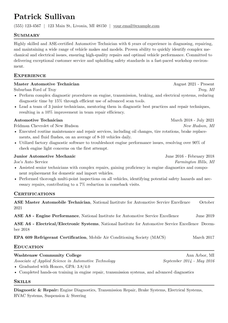 Automotive Technician Resume Example CV template preview