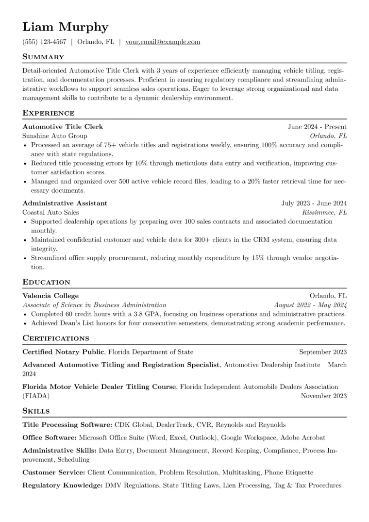 Automotive Title Clerk Resume Example preview