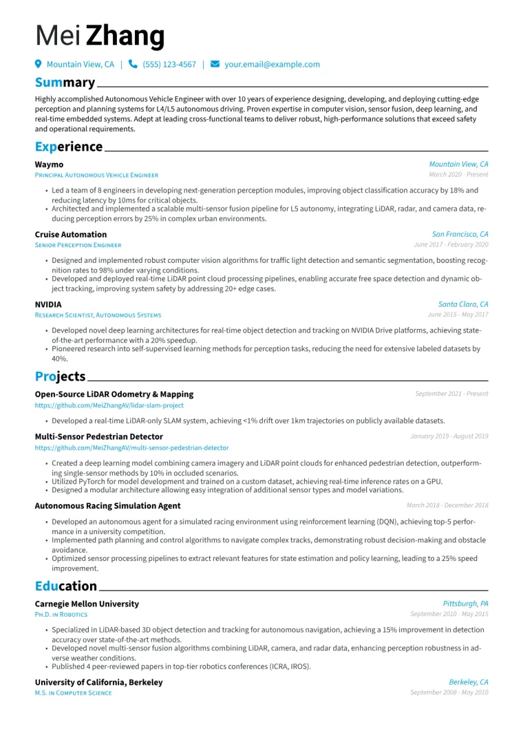 Autonomous Vehicle Engineer Resume Example CV template preview
