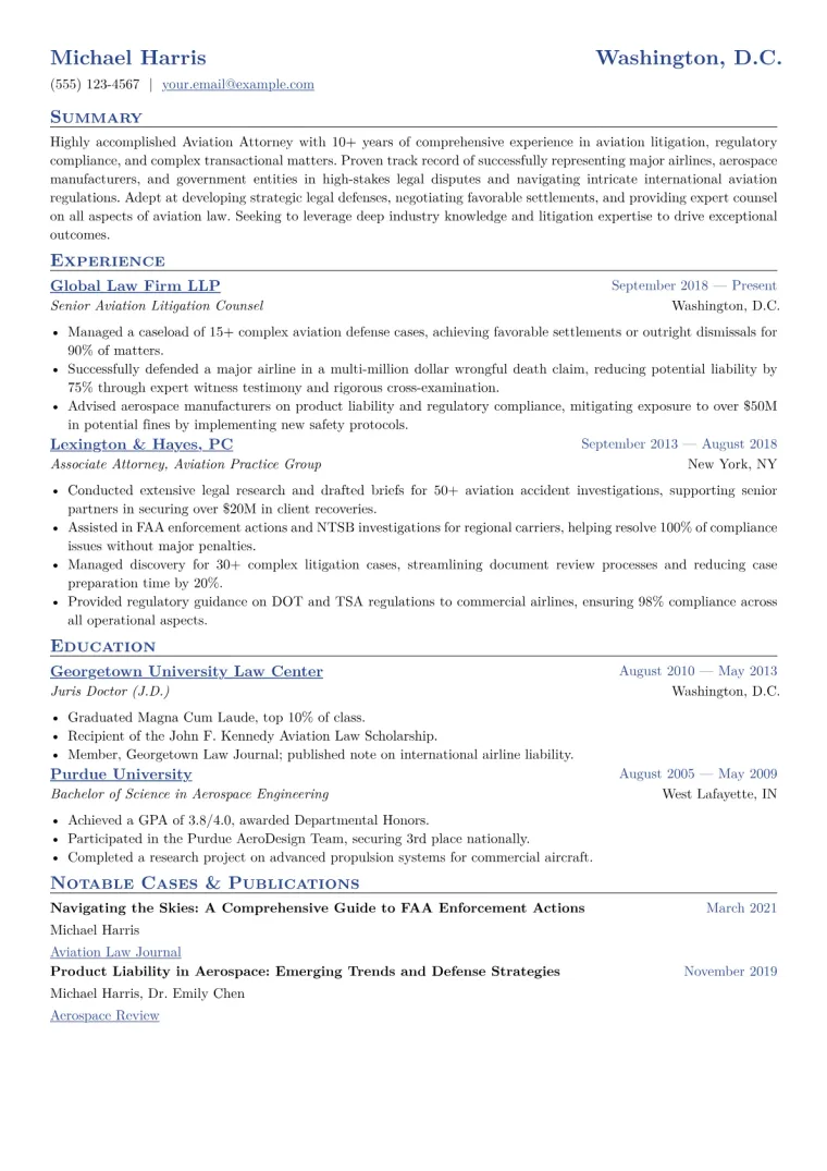 Aviation Attorney Resume Example CV template preview
