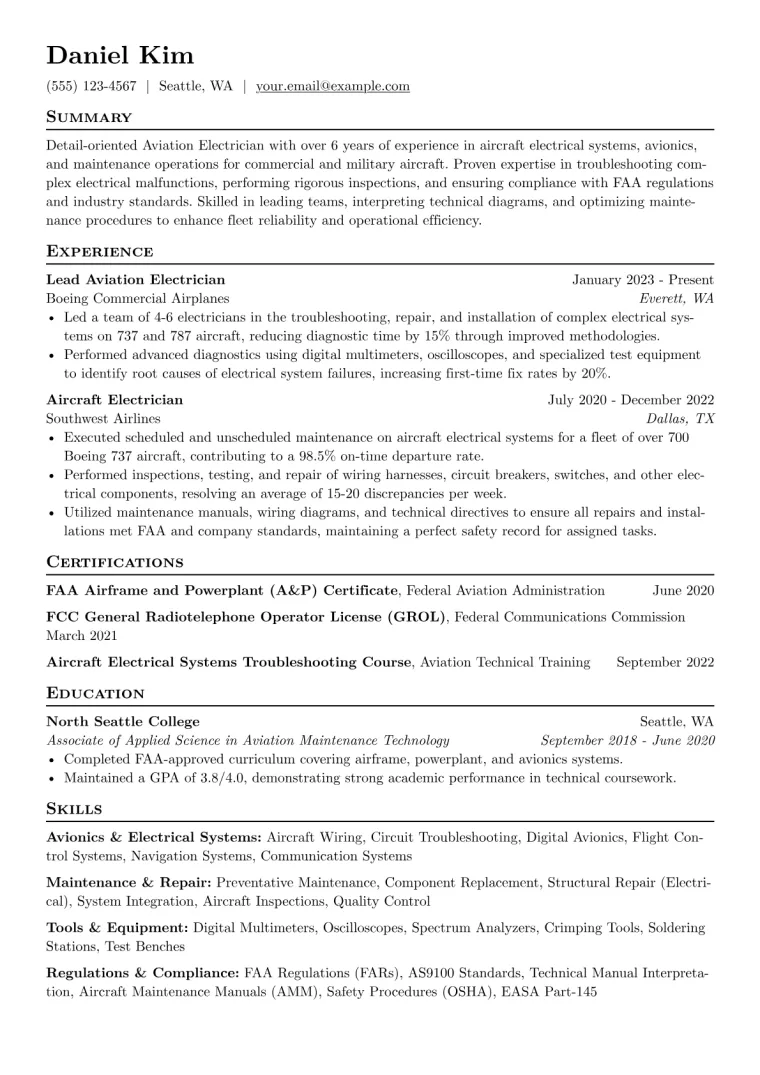 Aviation Electrician Resume Example preview