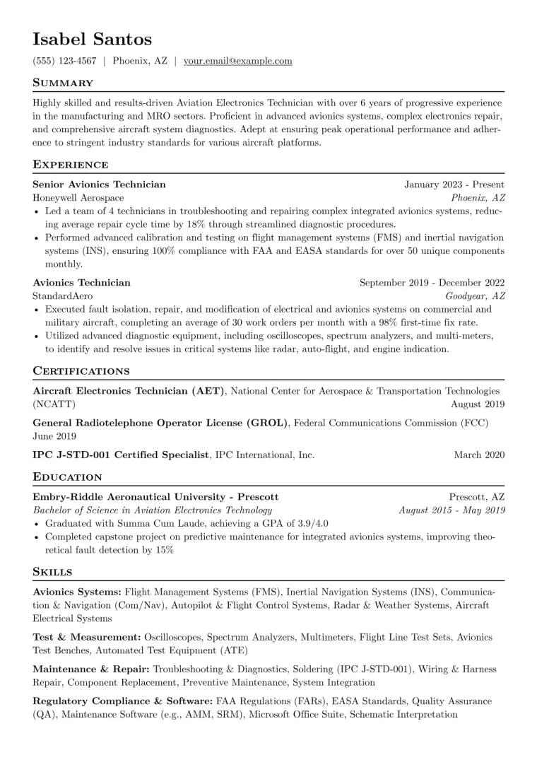 Aviation Electronics Technician Resume Example preview