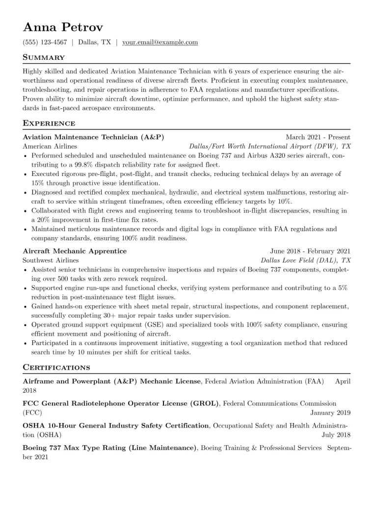 Aviation Maintenance Technician Resume Example CV template preview