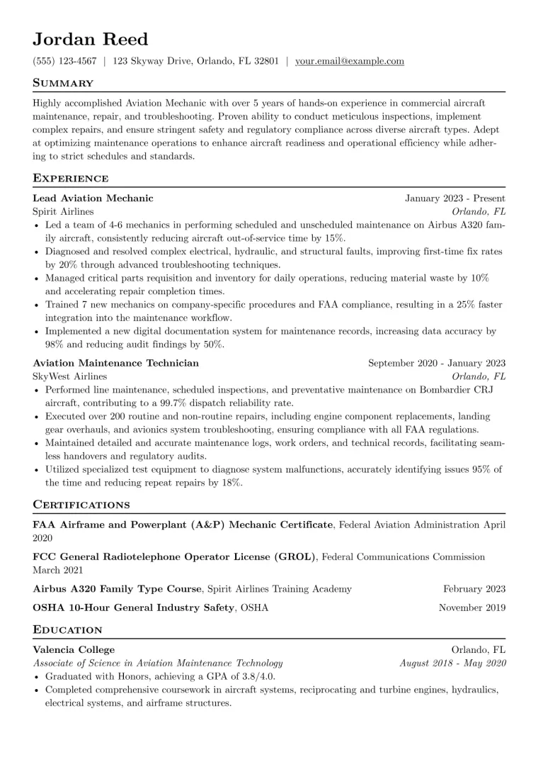 Aviation Mechanic Resume Example CV template preview