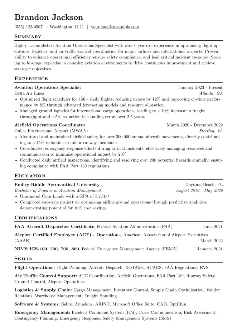 Aviation Operations Specialist Resume Example preview