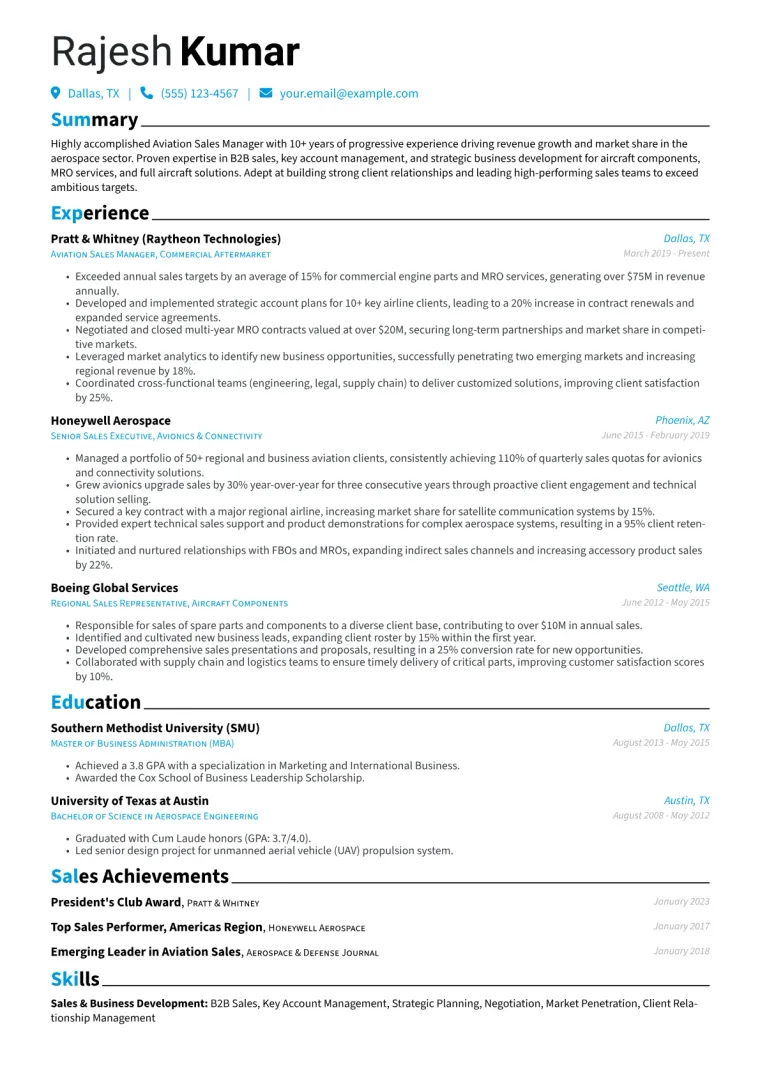 Aviation Sales Manager Resume Example CV template preview