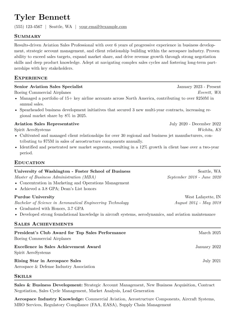 Aviation Sales Professional Resume Example CV template preview