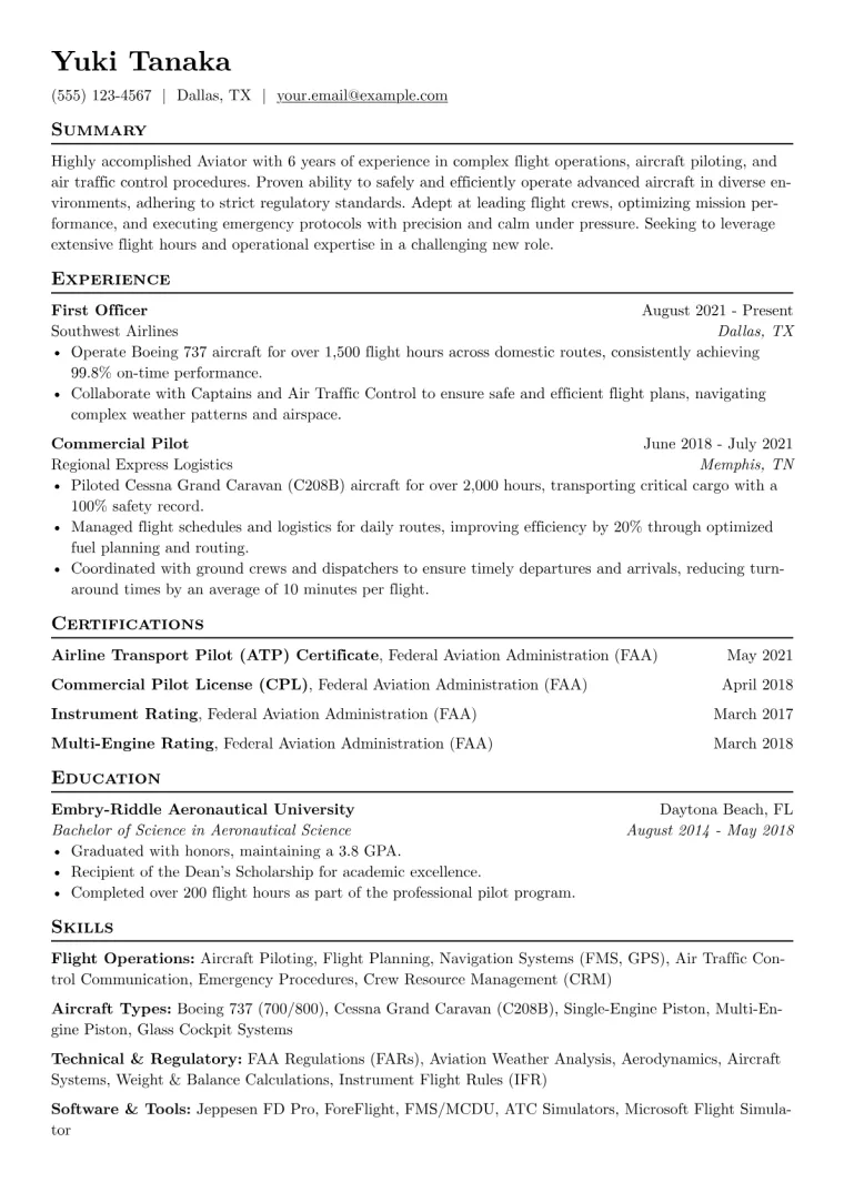 Aviator Resume Example CV template preview
