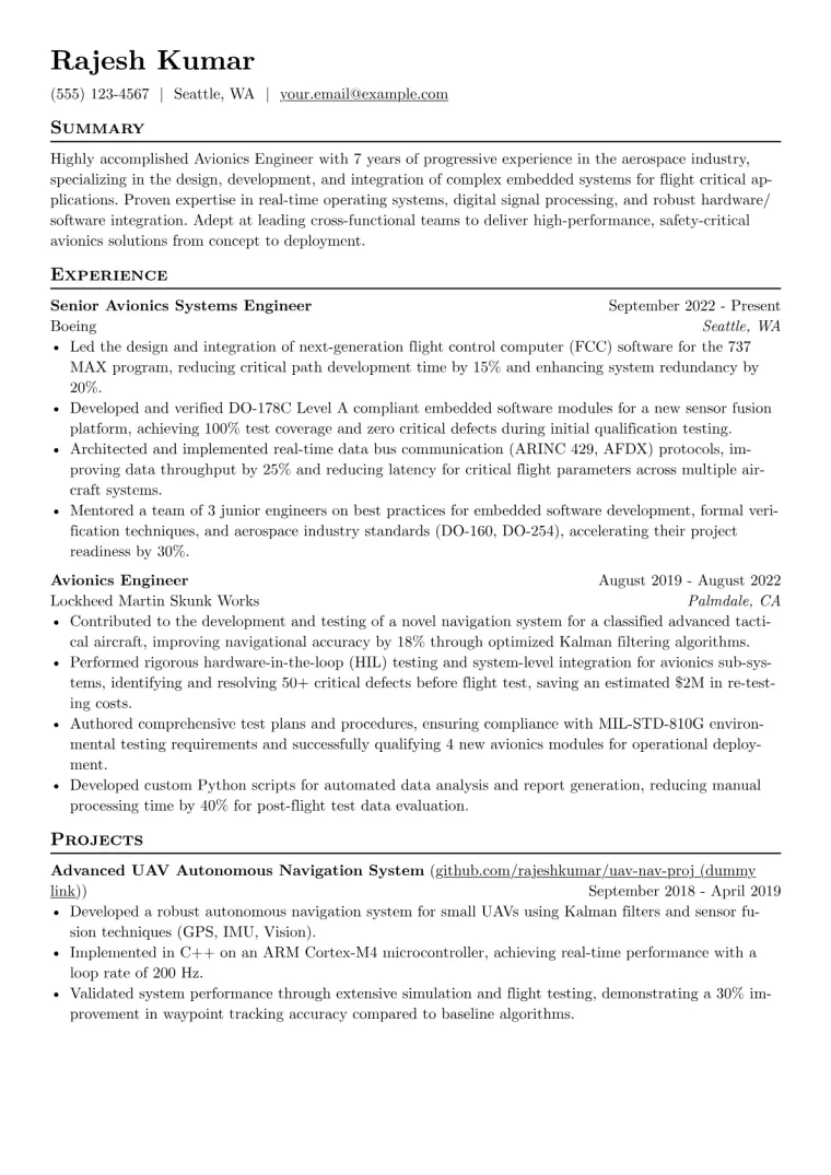 Avionics Engineer Resume Example preview
