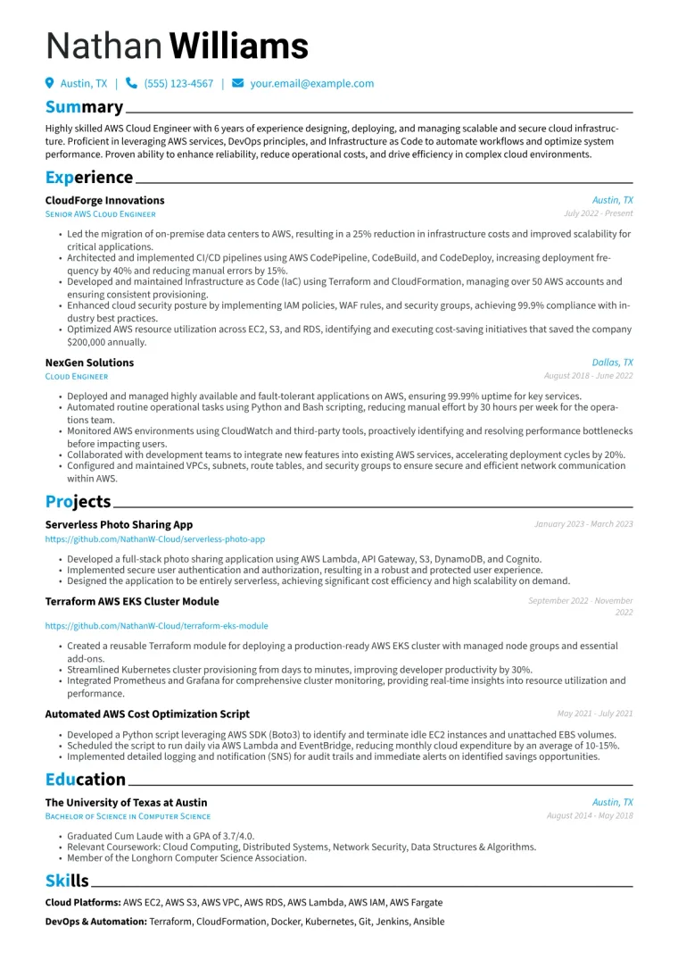 AWS Cloud Engineer Resume Example CV template preview