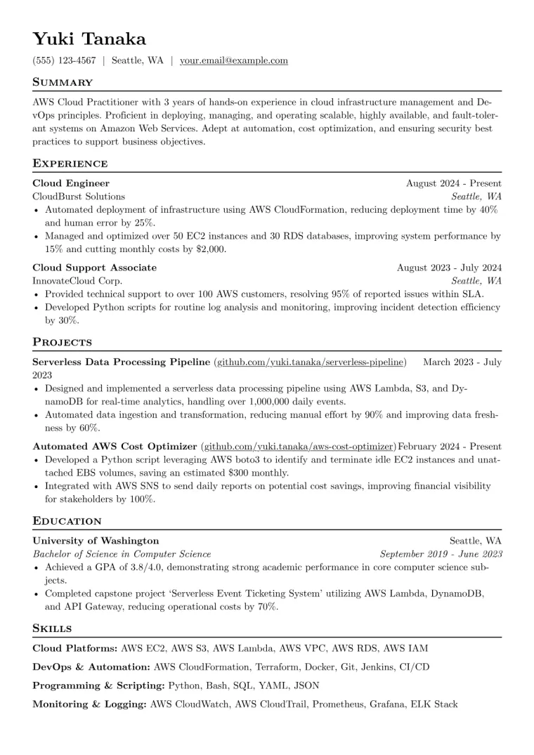 AWS Cloud Practitioner Resume Example CV template preview