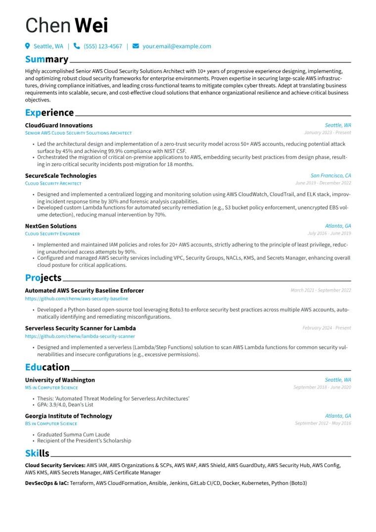 AWS Cloud Security Solutions Architect Resume Example preview