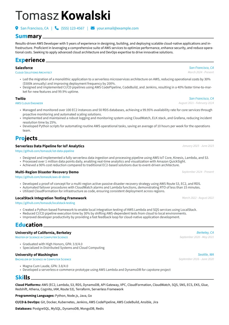 AWS Developer Resume Example CV template preview