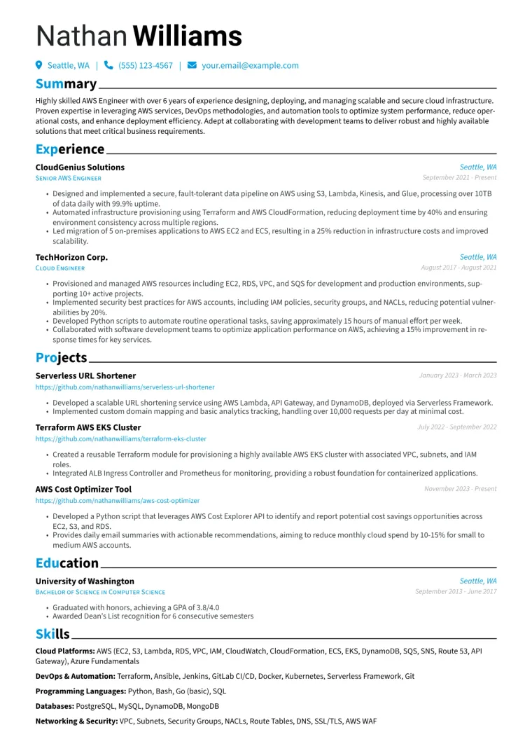 AWS Engineer Resume Example CV template preview