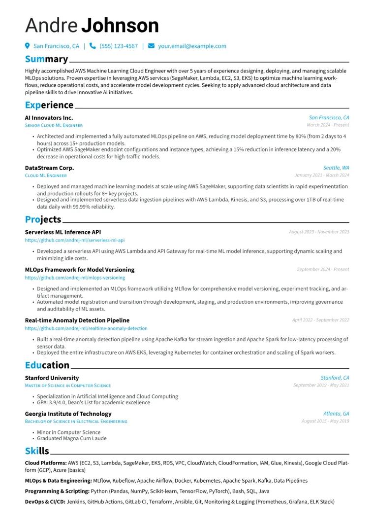 AWS Machine Learning Cloud Engineer Resume Examples (2026)
