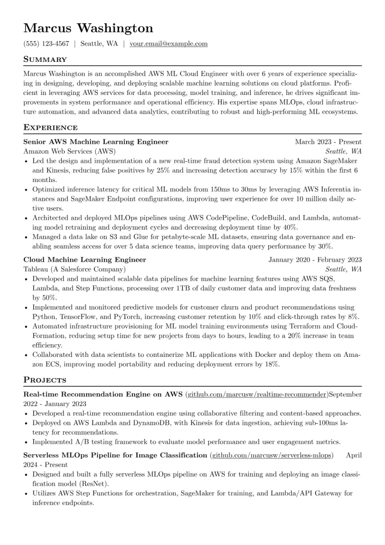 AWS ML Cloud Engineer Resume Example CV template preview