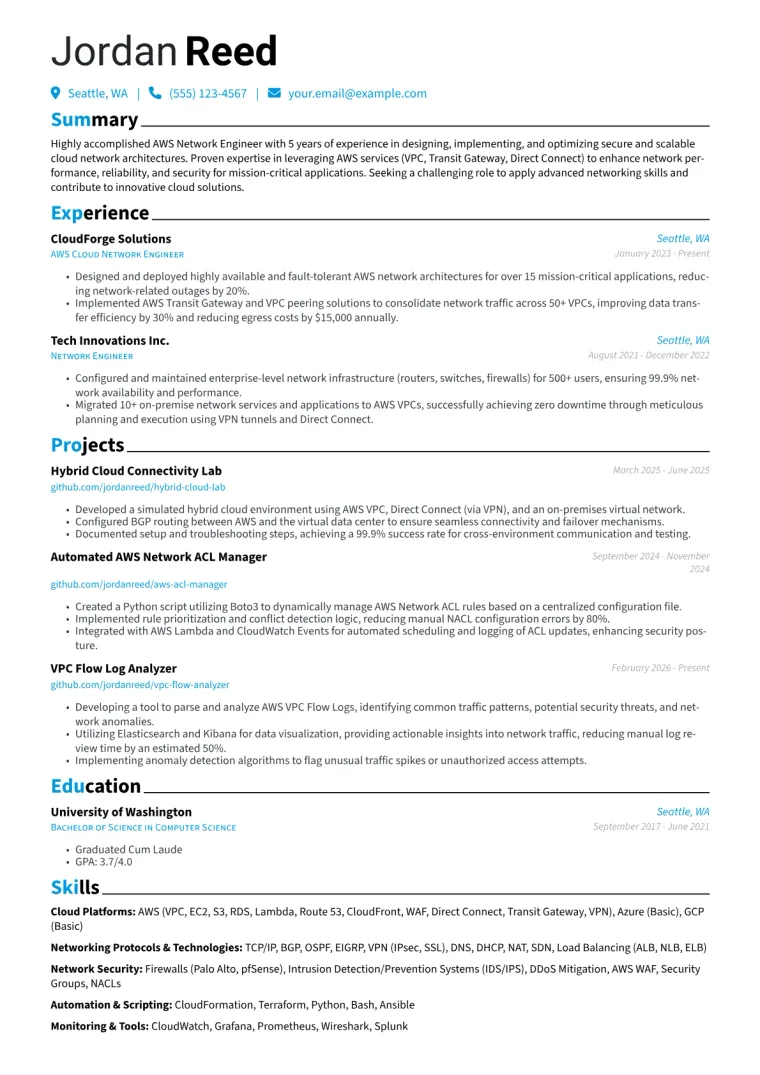 AWS Network Engineer Resume Example CV template preview