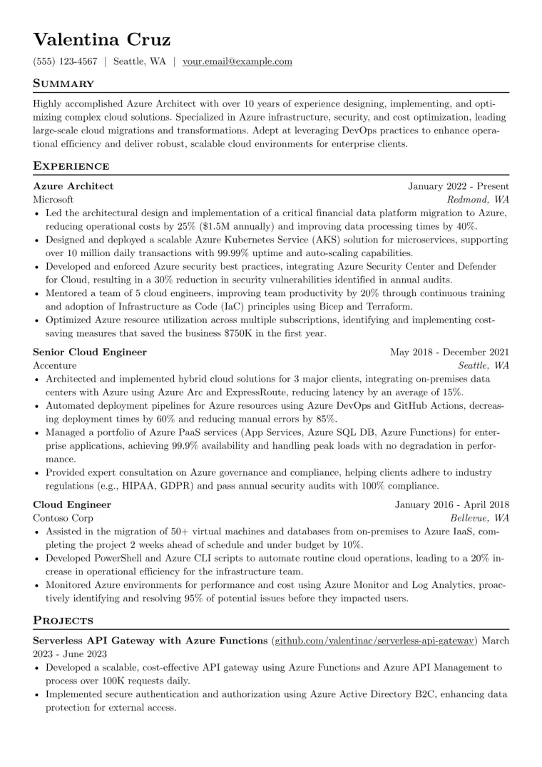 Azure Architect Resume Example CV template preview