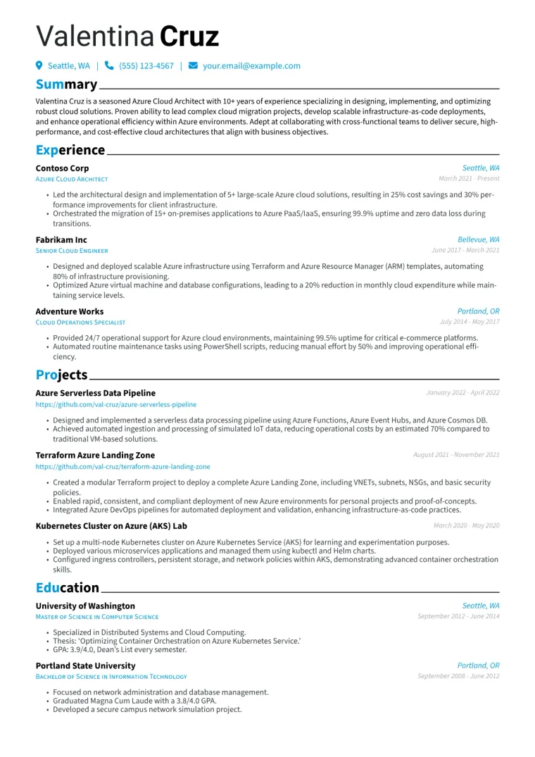 Azure Cloud Architect Resume Example CV template preview