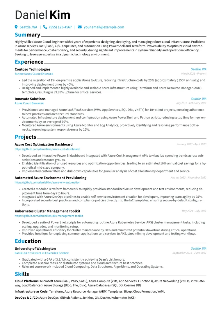 Azure Cloud Engineer Resume Example CV template preview