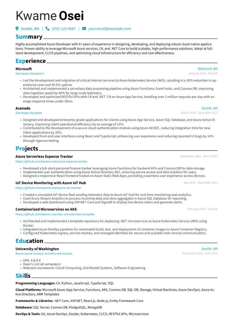 Azure Developer Resume Example CV template preview