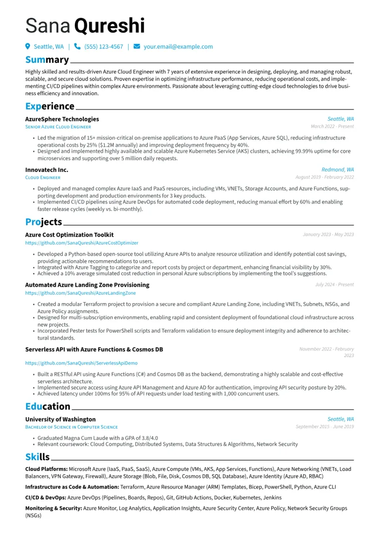 Azure Engineer Resume Example CV template preview