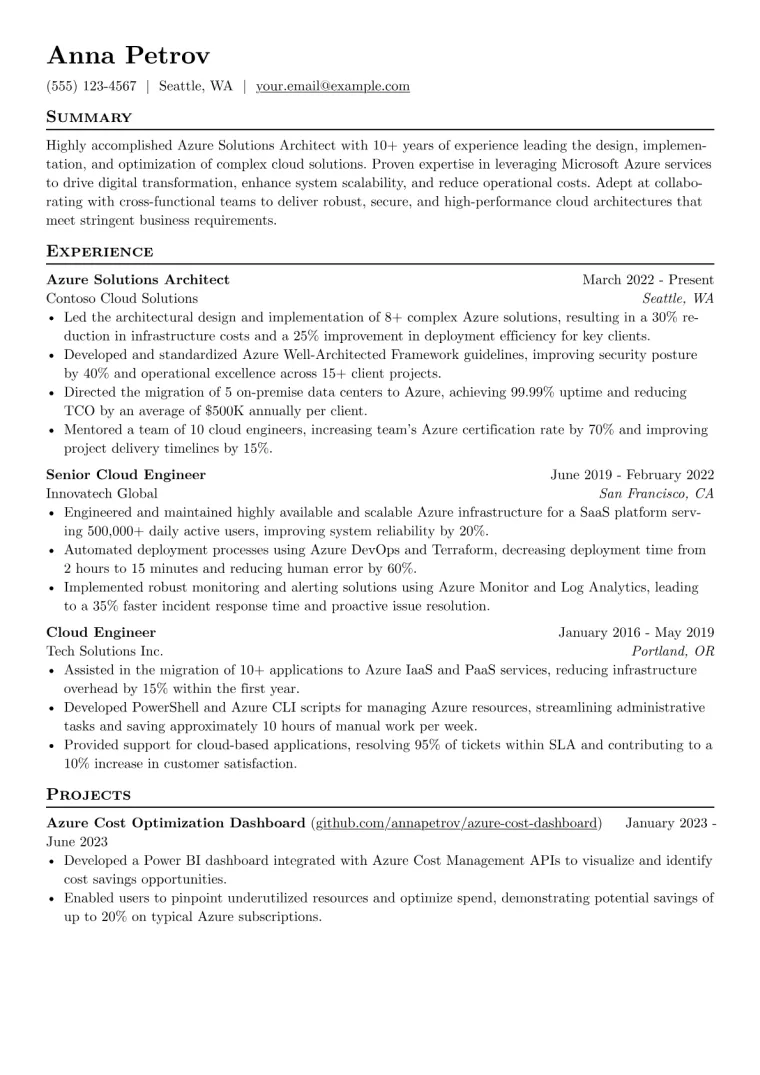 Azure Solutions Architect Resume Example CV template preview