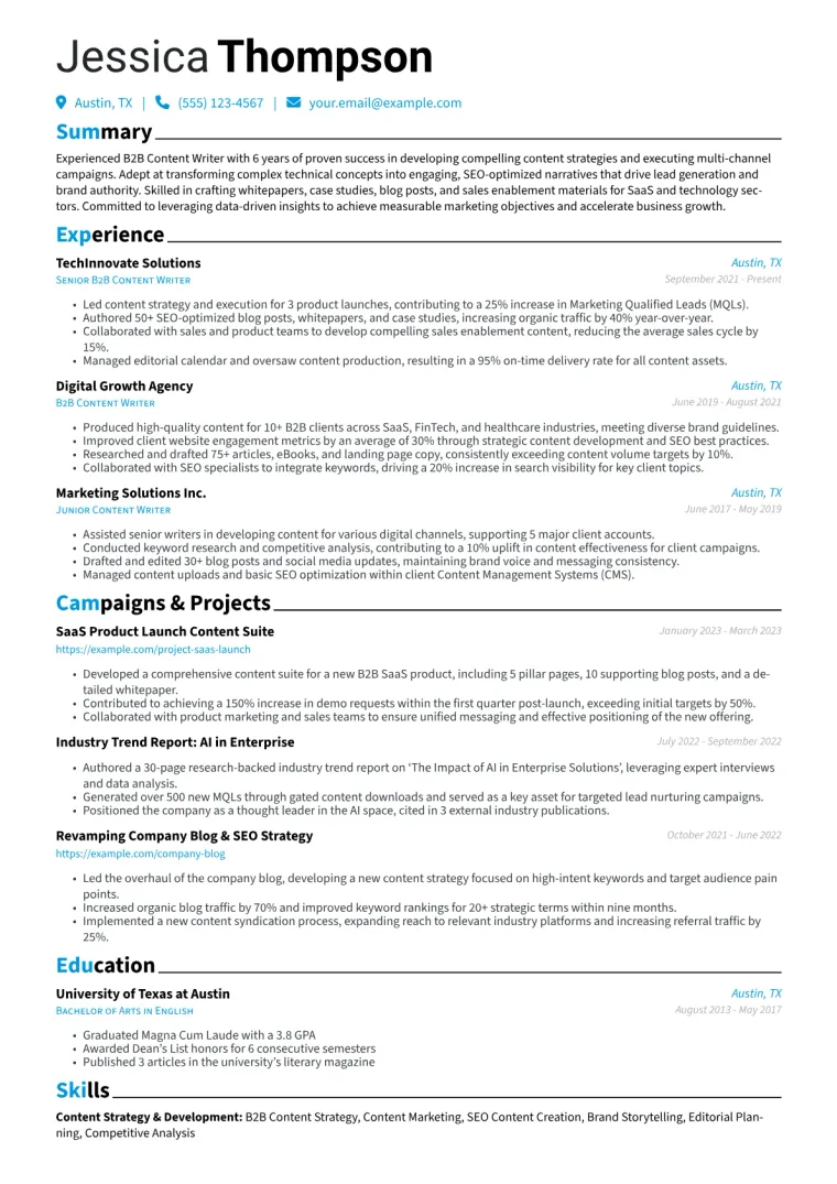 B2B Content Writer Resume Example CV template preview