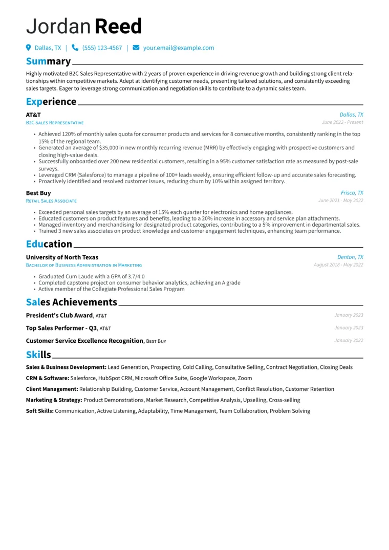 B2C Sales Representative Resume Example CV template preview