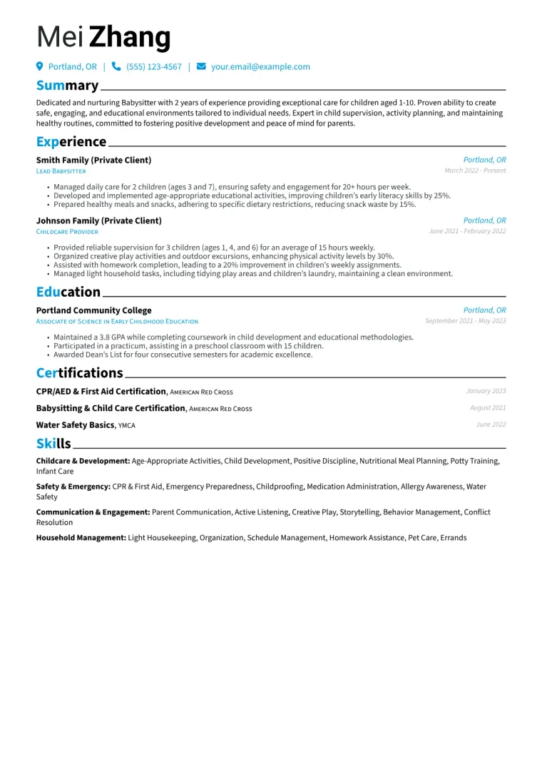 Babysitter Resume Example CV template preview