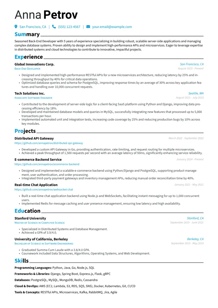 Back-End Developer Resume Example CV template preview