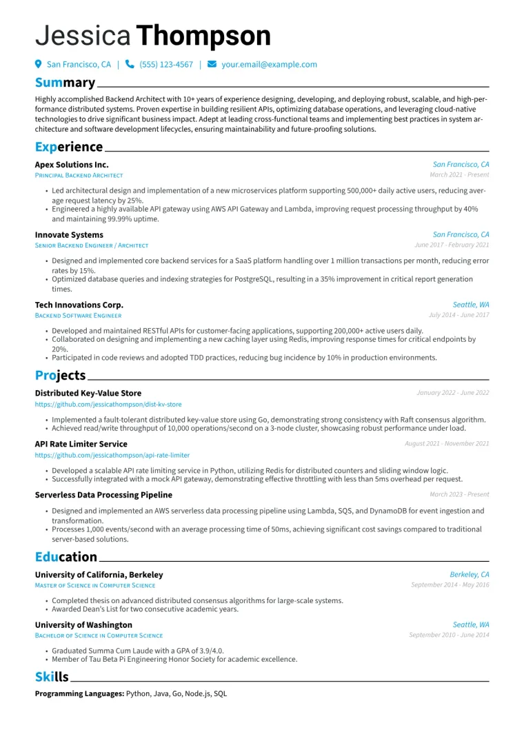 Backend Architect Resume Example CV template preview