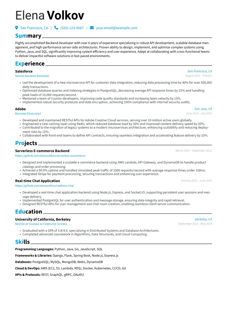 Backend Developer Resume Example CV template preview